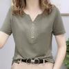 New Summer V-neck Solid Color Top Small Shirt Loose and Slim and Versatile Outside Wear Short-sleeved T-shirt for Women