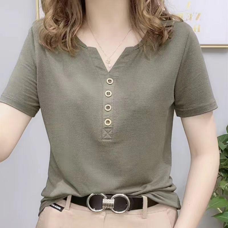 New Summer V-neck Solid Color Top Small Shirt Loose and Slim and Versatile Outside Wear Short-sleeved T-shirt for Women