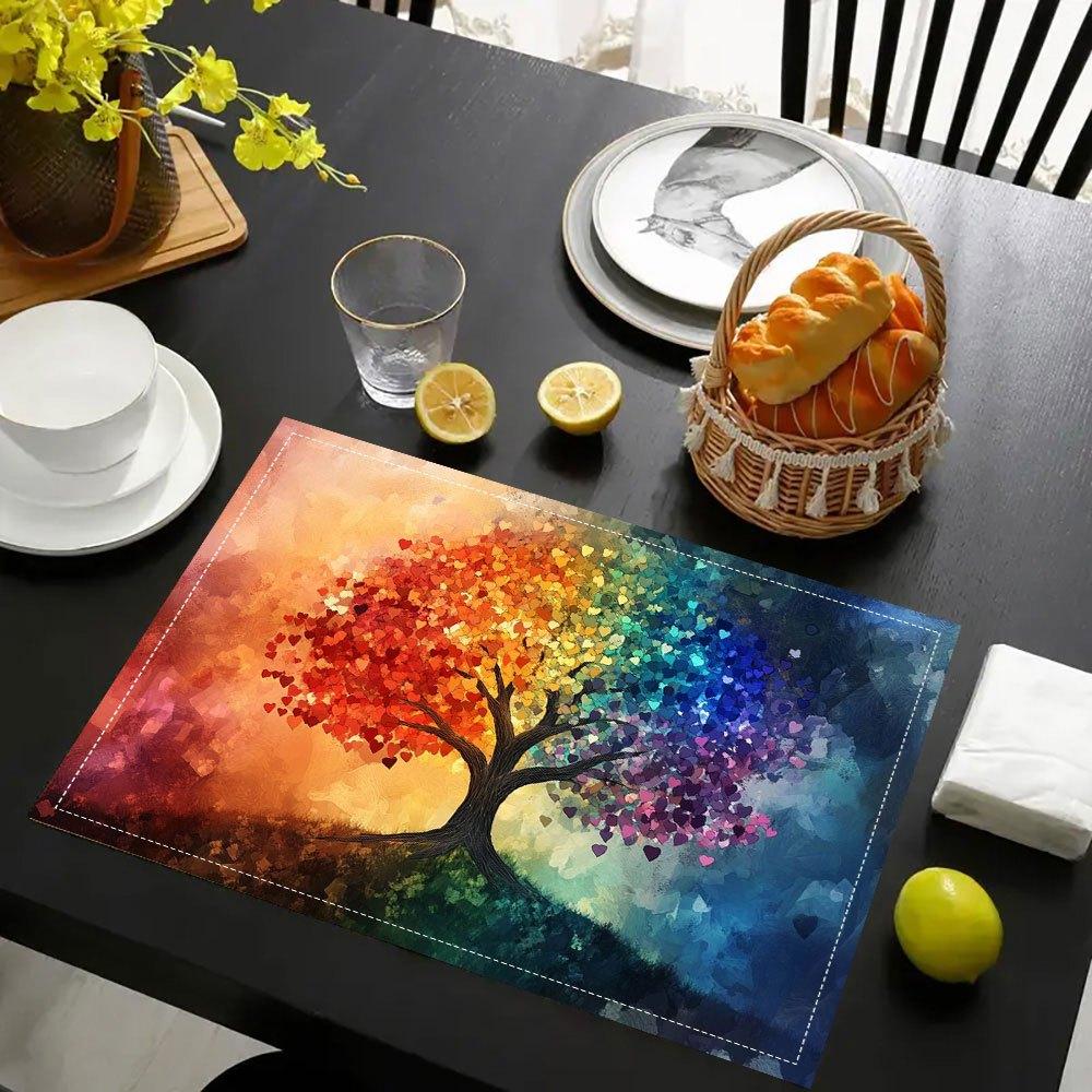 4pcs Set, Colorful Geometric Tree of Life Printed Placemats, Fashionable Pattern Table Mats, Suitable for Dining Tables, Kitchens, Parties, Indoor,