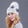 Women's Wool & Rabbit Hair Blend Snowflake Pullover Hat with 15CM Genuine Raccoon Fur Pom Pom