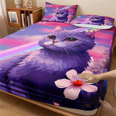 3 шт. 100% полиэстер Милый мультяшный принт кошки Комплект простыней на резинке Украшение для спальни, Фиолетовый цветочный узор «Звездное небо» Комплект постельного белья