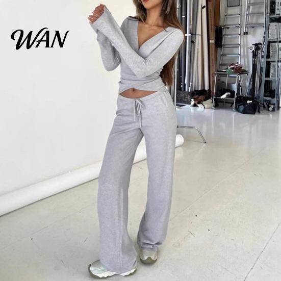 Relaxed Fit Leisure Outfits Women Sweatshirt Pants 2-Piece Set, V Neck Slim Top & High Fall Casual Clothing Waisted Wide Leg Trousers, Solid