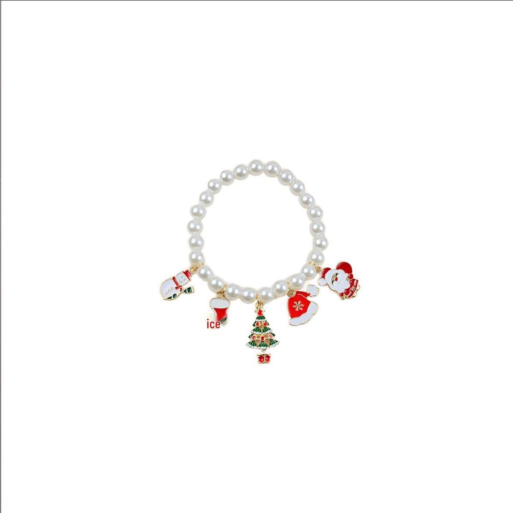 Cross-Border Cartoon Christmas Faux Pearl Reindeer and Snowman Elastic Beaded Bracelet with Bow Gift