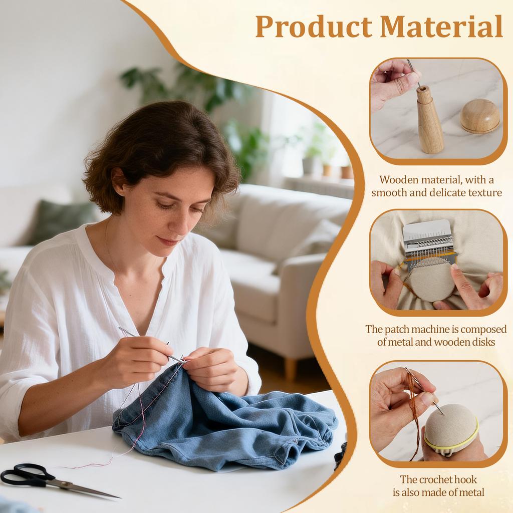 Mini Mushroom Knit Patch Kit Small Speedweve Style Weaving Darning Loom with 14 Hooks 50 Color Threads for Mending Clothes Jeans