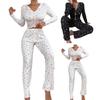 2 шт./комплект осень-зима женская пижама костюм отложной воротник длинный рукав принт бант декор топ высокая талия брюки пижамы повседневная домашняя одежда одежда