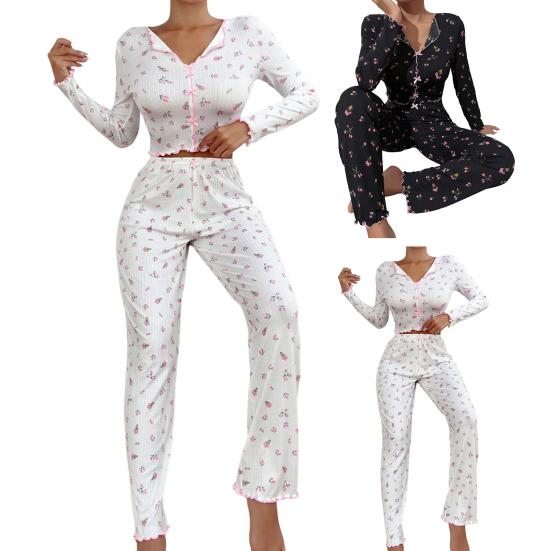 2 шт./комплект осень-зима женская пижама костюм отложной воротник длинный рукав принт бант декор топ высокая талия брюки пижамы повседневная домашняя одежда одежда