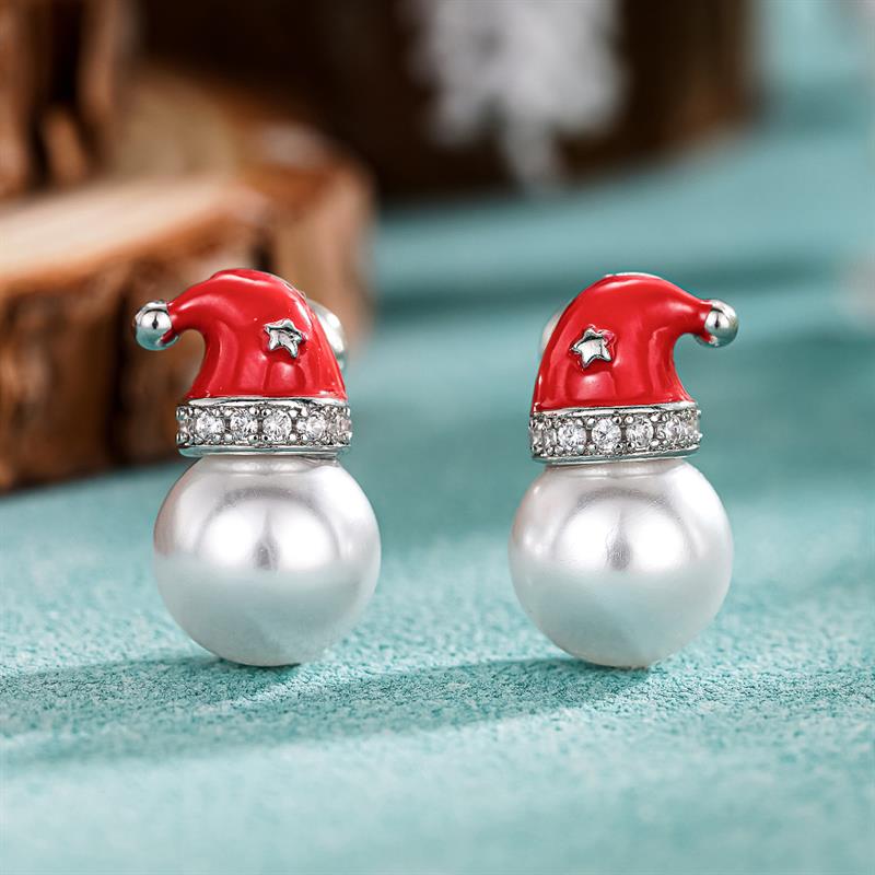 Huitan Minialist Santa Hat Women Stud Earrings Inlaid Shiny CZ Christmas Cute Accessories Imitation Pearl Festival Party Jewelry