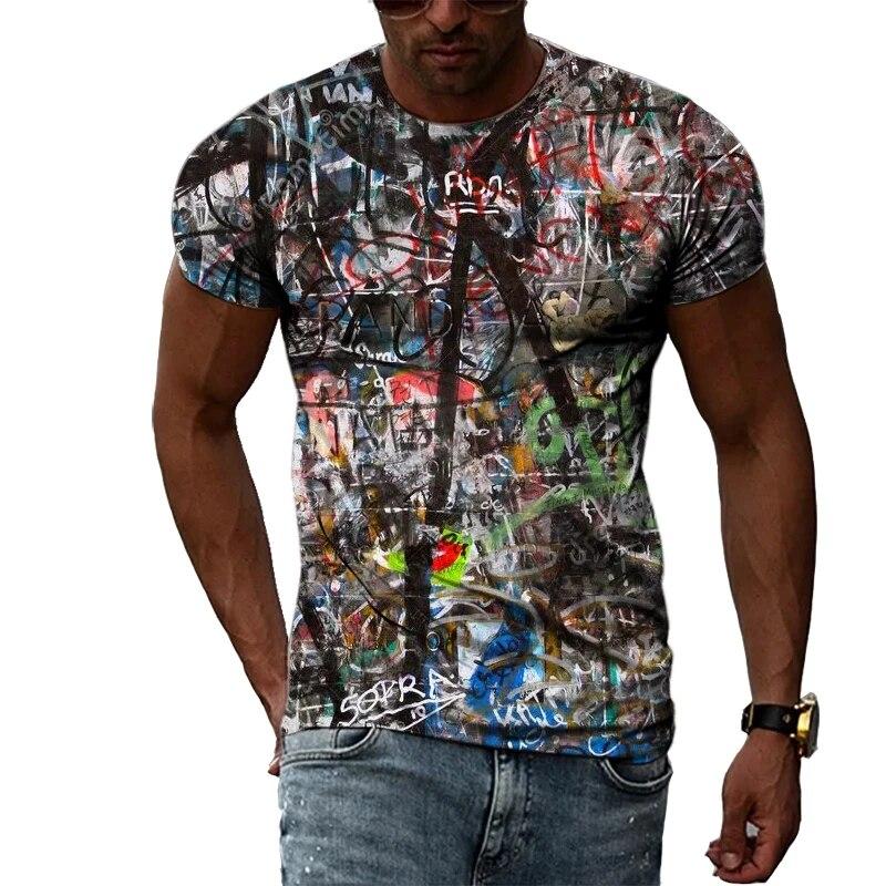 Summer Funny Graffiti Trend Fashion Pattern Men Tshirts Casual Print Hip Hop Tees Personality Round Neck Short Sleeve Tops