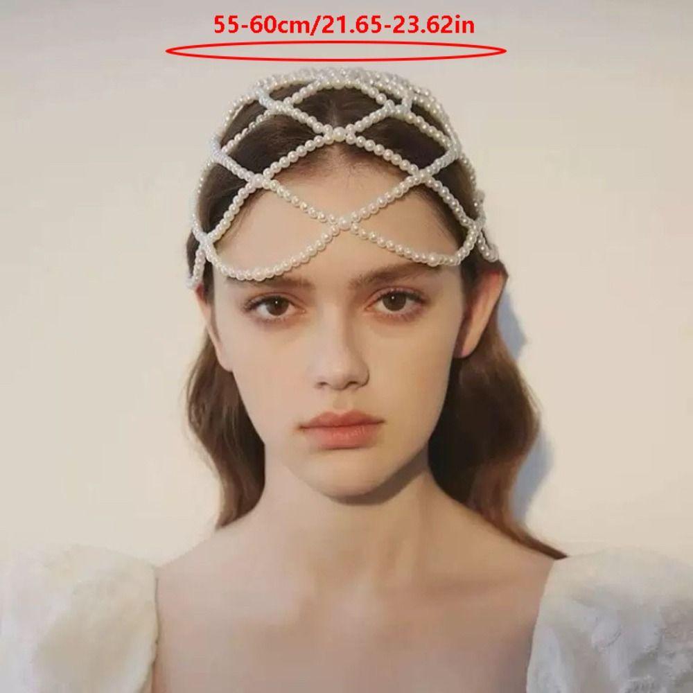 Pearls Weave Pearl Hat Chain Hand-Made Bridal Head Ornament Mesh Hair Accessories  Bridal Party