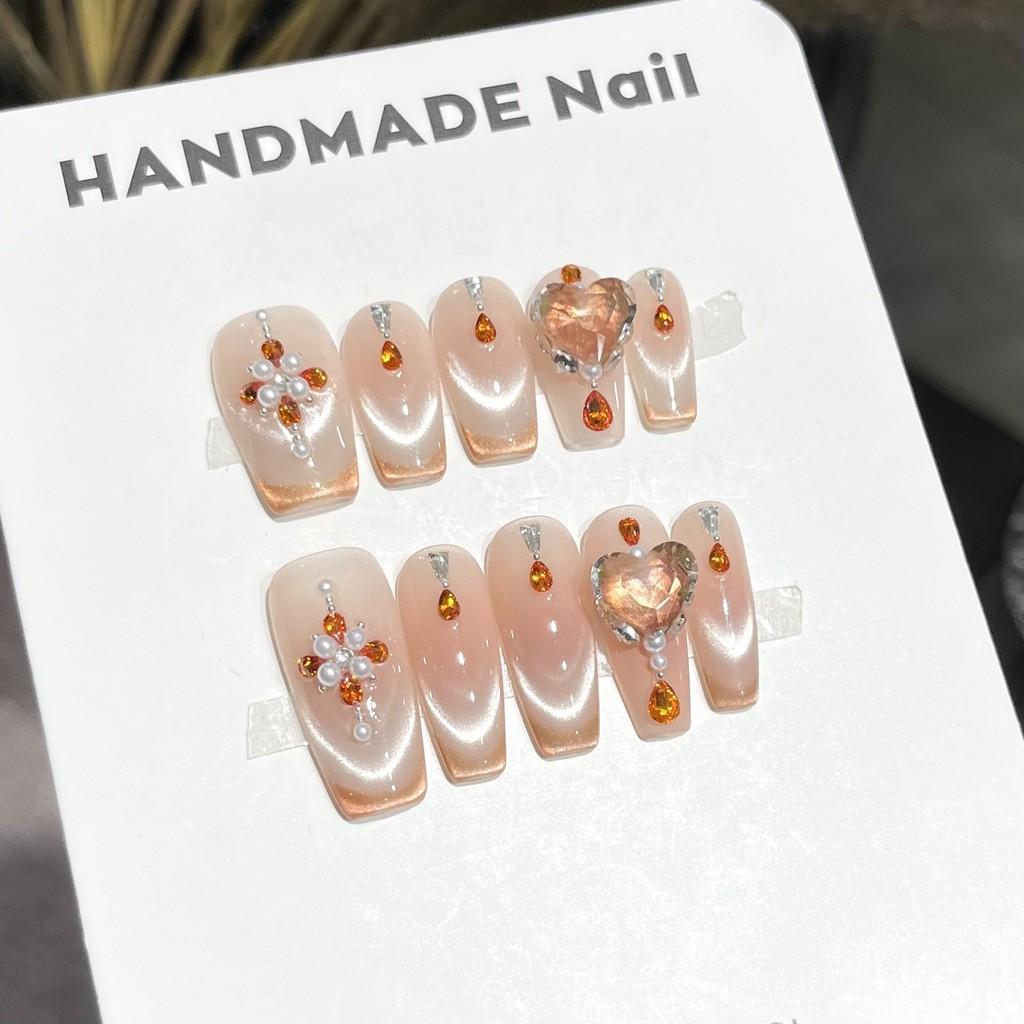 [5in1 Toolkit+HANDMADE]Handmade Press On Nail French Sparkling Nude Cat Eye 3D Orange Diamond Light Luxury Fake Nail Patch Artificial Nail Reusable