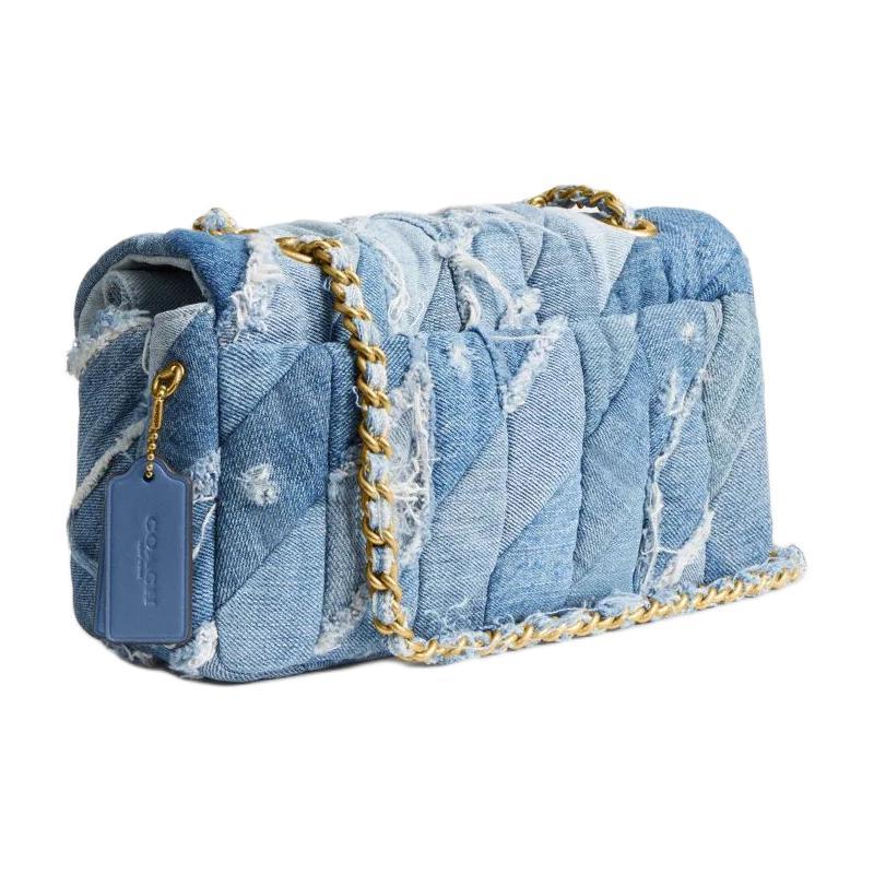 COACH shoulder bag Tabby 26 metal logo distressed quilted patchwork push-lock adjustable chain strap denim and nappa leather medium women's blue