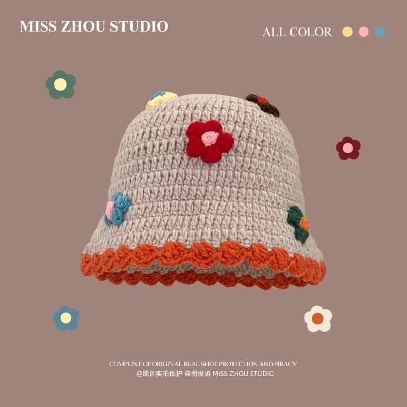 Japanese Sweet Flower Knitted Bucket Hats for Women Autumn and Winter Warm Cute Show Face Small Versatile Retro Basin Caps