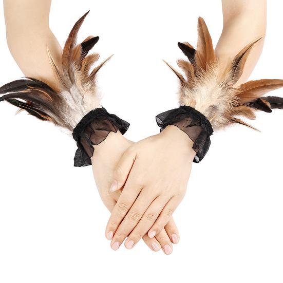Women's Feather Wrist Cuffs Gothic Feather Fingerless Gloves Wristband Mesh Cuff for Halloween Cosplay Costume Accessories