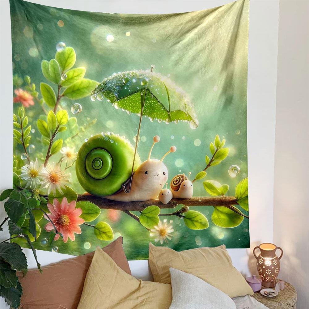 "Snail Family with Green Umbrella" Patterned Tapestry Decorative Wall Hanging, Home Bedroom Living Room Decor