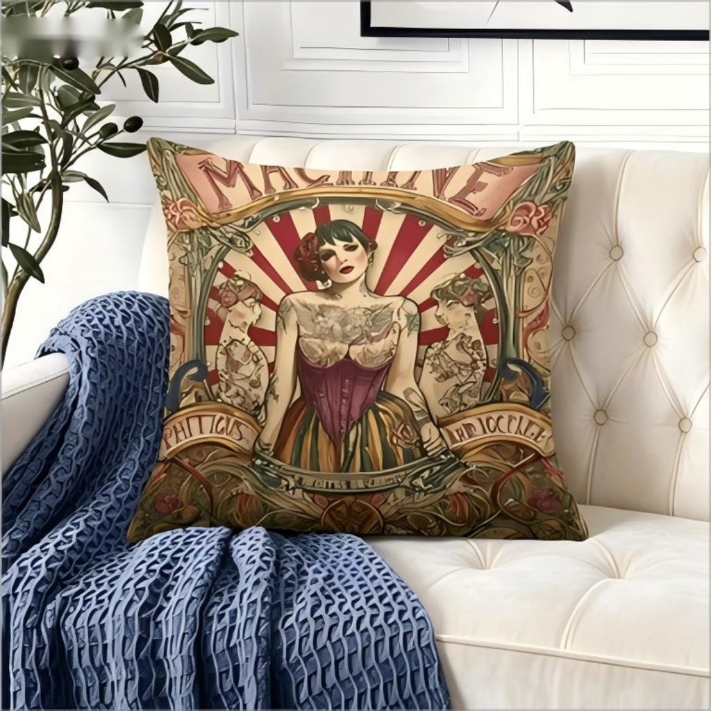 Double Sided Vintage Circus Tattooed Lady Throw Pillow Cover Retro Sideshow Art Print Decorative Cushion Cover For Home Decor