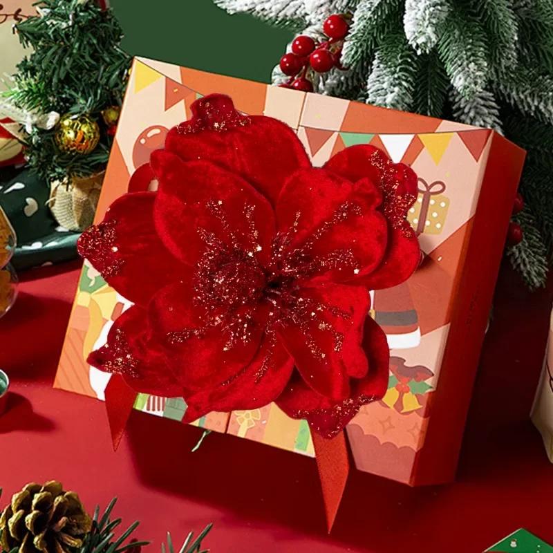 1/10pc Glitter Artificial Flowers Christmas Red Poinsettia Xmas Tree Ornament Simulated Magnolia Wedding Party Decor Fake Flower
