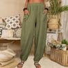 Women Casual Pants Elastic High Waist Solid Color Harem Pants with Pockets Loose Fit Breathable Long Pants Daily Wear