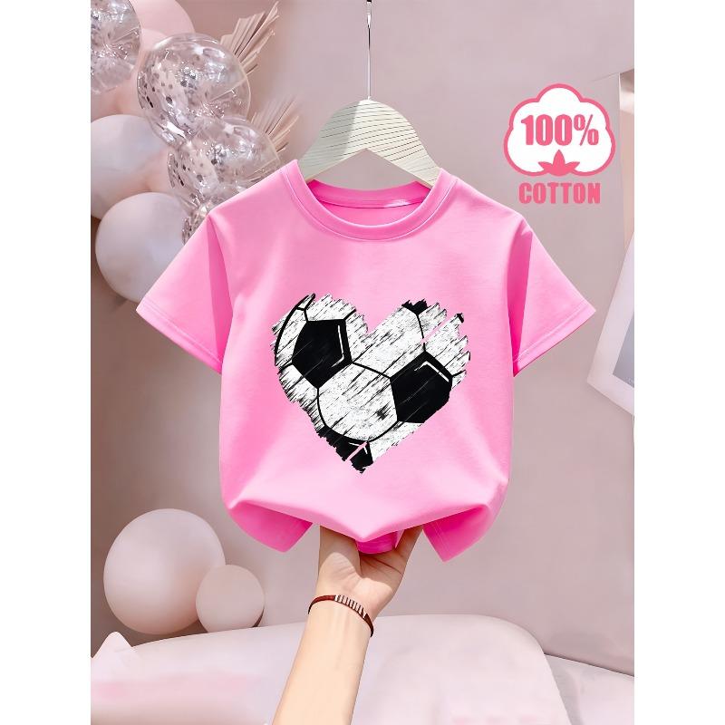 European sizes Love Heart Soccer" Letter/cartoon Print, Girls' Short-sleeved T-shirt, Cool and Breathable for Spring/summer Wear