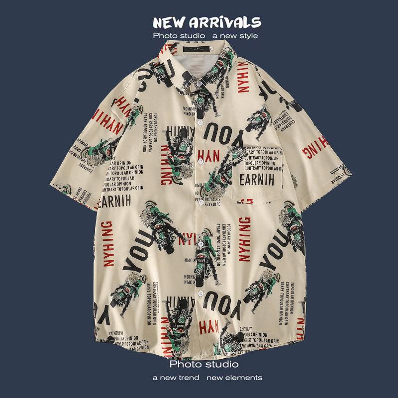 Retro Floral Shirt Blouse for Man Hawaiian Short-sleeved Floral Shirt Men's Loose Trend Couple All-match Five-point Sleeves
