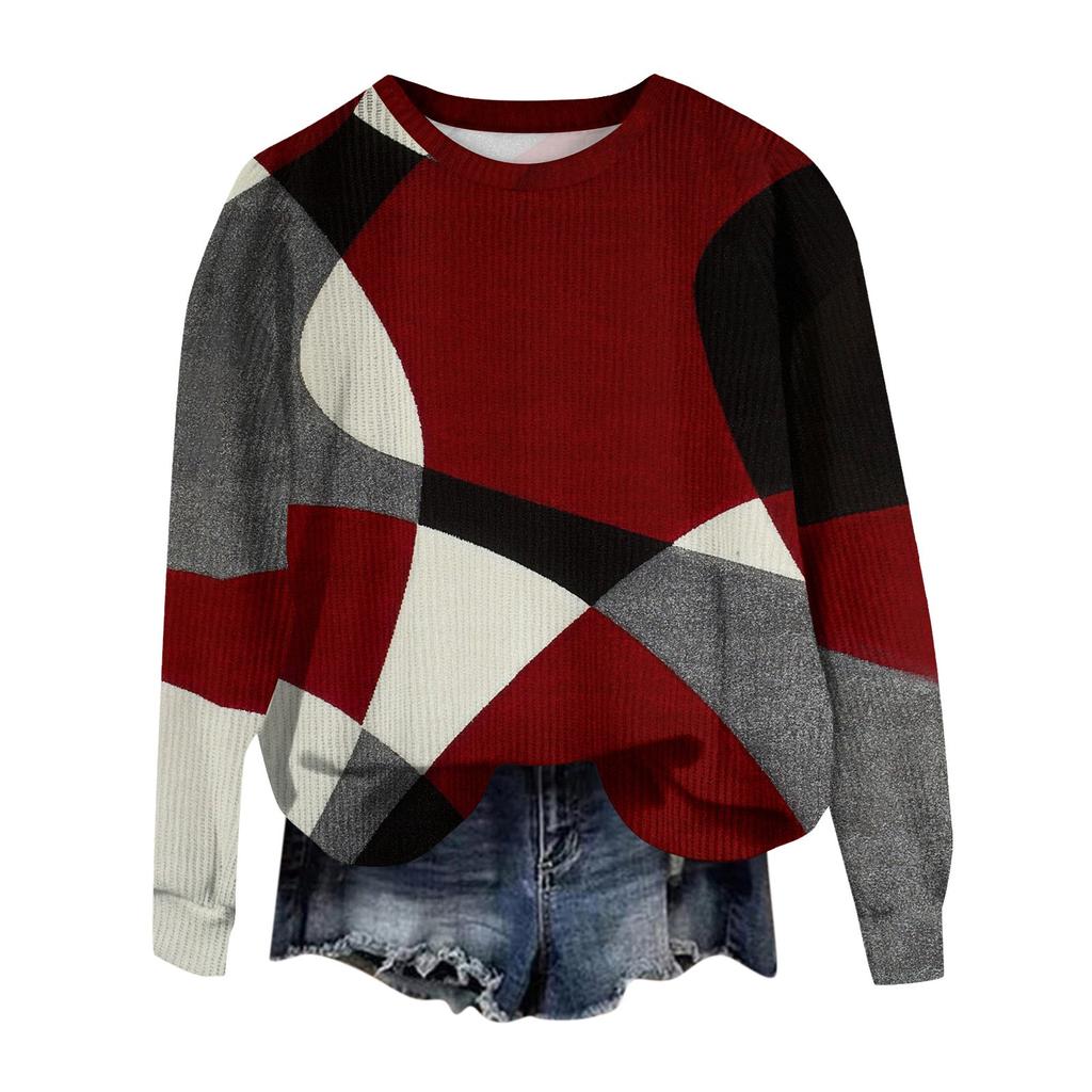 Women's Fashion Casual Long Sleeve Printed Round Neck Woolen Knit Pullover Top