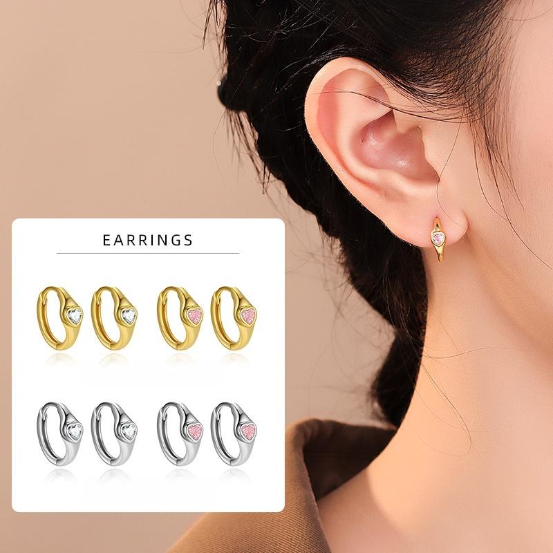 925 Sterling Silver Heart Zircon Huggie Hoop Earrings, Gold/Platinum Plated Cute Love Earring for Women, Fashion Hypoallergenic