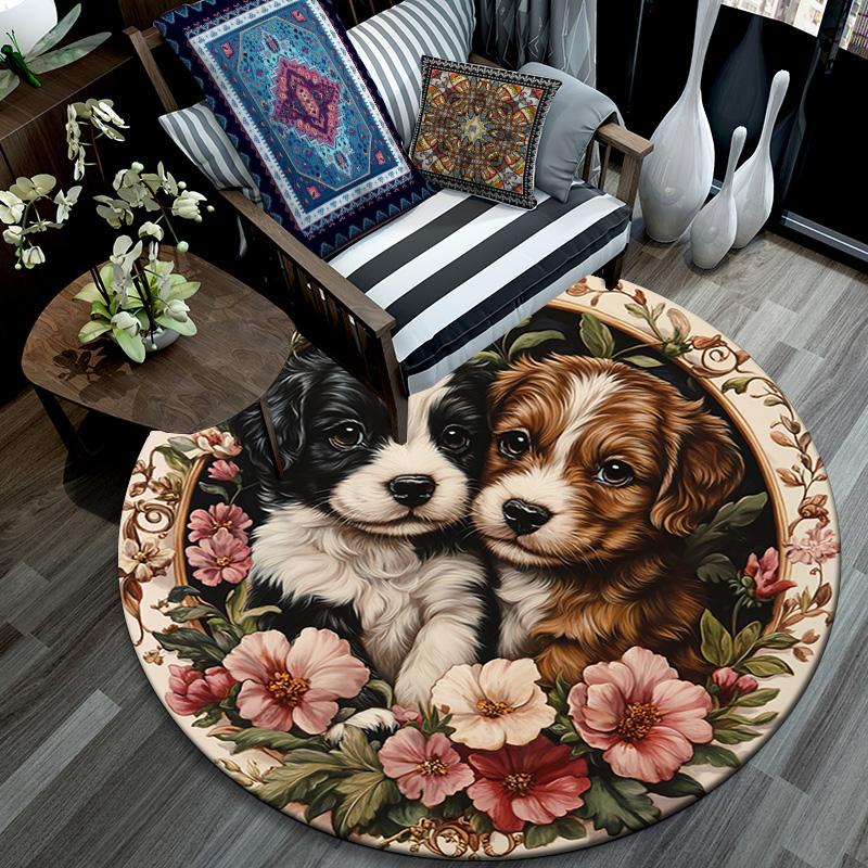 Two Cute Puppies Round Area Rug,Carpet Rug for Living Room Bedroom Sofa Playroom Decor,Non-slip Floor Mat