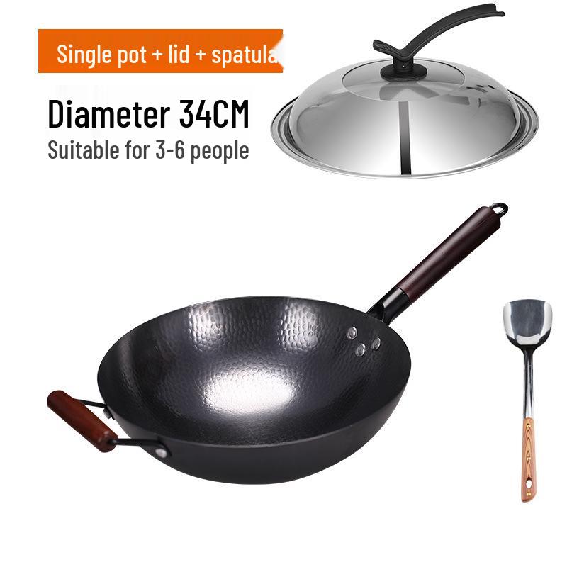 Чжанцю Кованый вручную Вок для жарки из кованого железа без покрытия с антипригарным покрытием и лопаткой