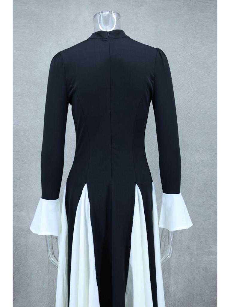 Осень/Зима 2024 Евро-американское черно-белое платье-свинг с длинным рукавом и оборками LX0105