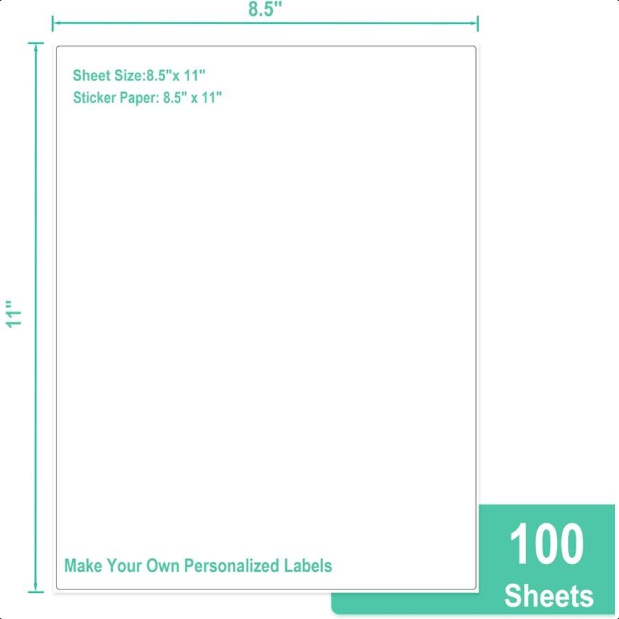 8.5" x 11" Печатная белая наклейка Бумага Полный лист Этикетка Матовая для лазерных и струйных принтеров 100 листов