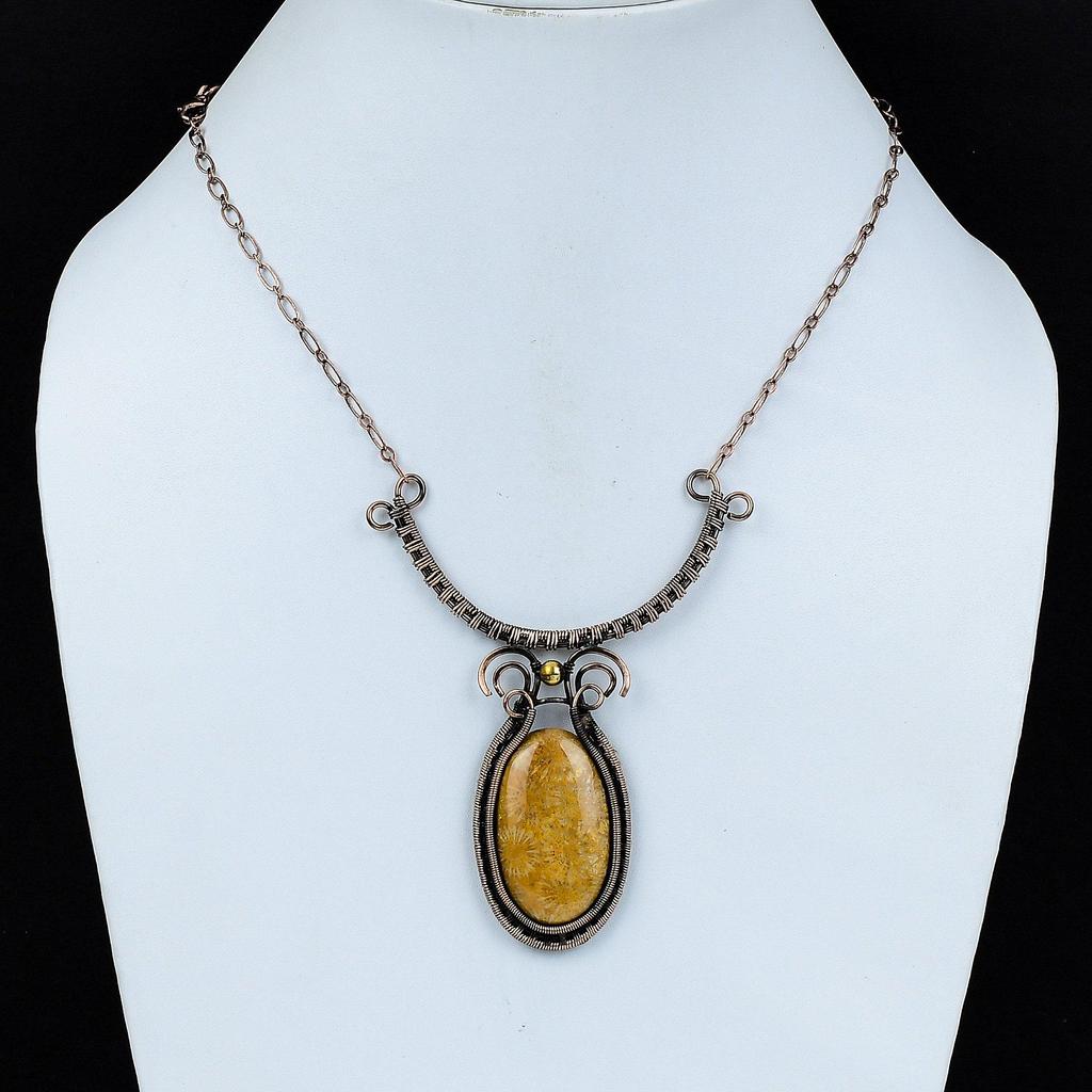 Ожерелье из ископаемого коралла и драгоценного камня, медная проволока, регулируемое ожерелье, медные украшения, ожерелье ручной работы, уникальные ювелирные изделия, подарок для особого случая