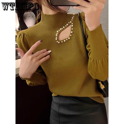 Вязаный свитер с полыми бусинами для женщин, с полувысоким воротником и длинными рукавами, базовый свитер