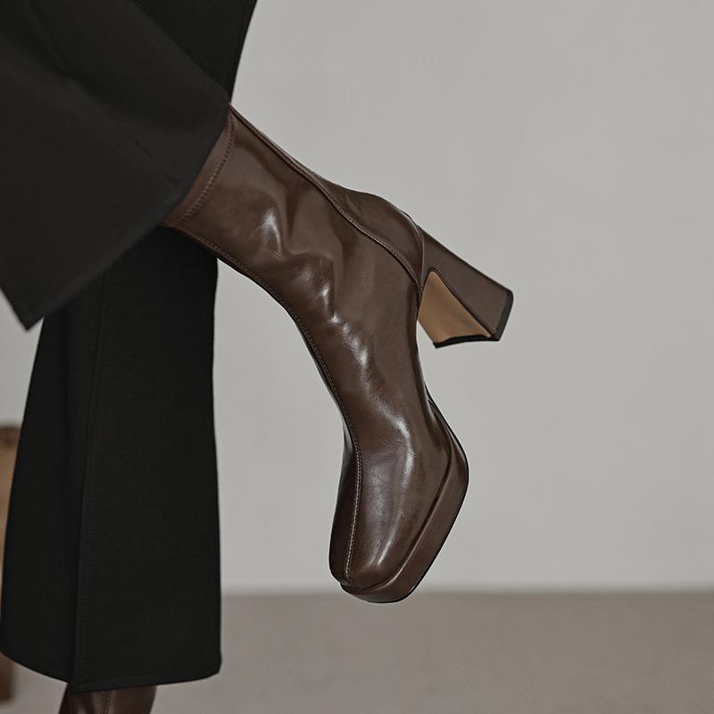 Krazing Pot Microfiber Autumn Winter Shoes Thick High Heels Platform Boots Square Toe Keep Warm Zipper Ankle Boots