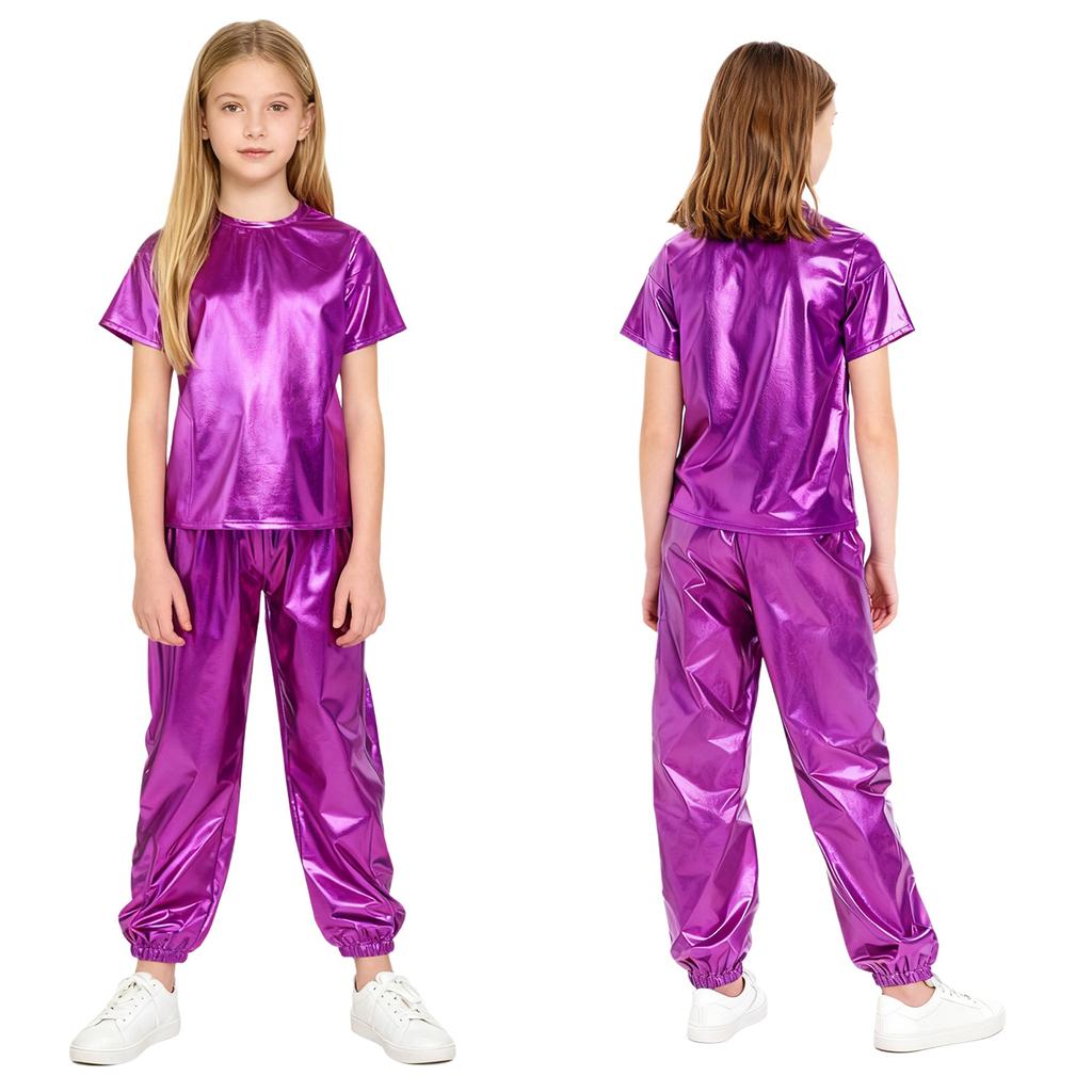 Children Stage Performance Outfit Kids Dance Party Costume Set Metallic Shiny T Shirt with Pants Unisex Ballet Jazz Wear
