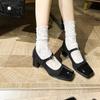 2025 French Retro Small Fragrant Wind, Evening Breeze Gentle with Skirt Square Head Thick Heel Middle Heel Mary Jane Single Shoes Women's Spring