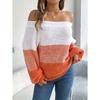 Off the Shoulder Striped Color Block Pullover Sweater - Acrylic Knit Lantern Sleeve Casual Vacation Top for Fall/Winter