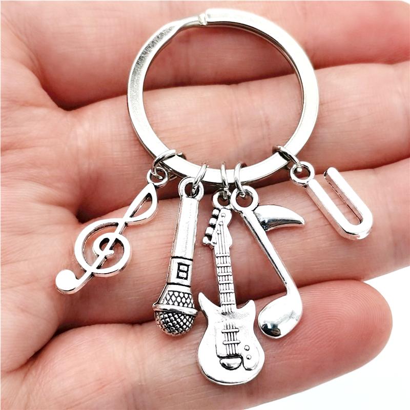 26 Letters Music Keychain Music Note Guitar Pendant Key Chain Microphone Keyring Creative Jewelry Gifts