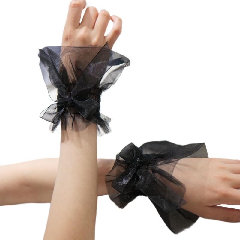 Women Wrist Cuffs Removable Bowknot Ruffled Wedding Supply Bride Dress False Sleeves Tulle Flared Sleeves