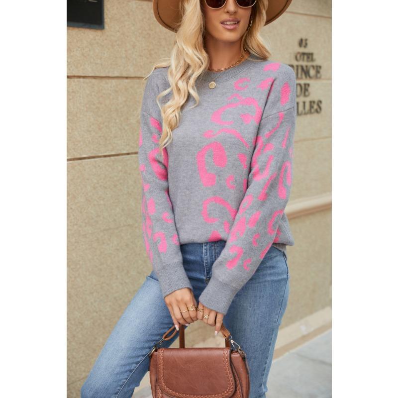 Women's Autumn and Winter Round Neck Pullover Leopard Print Long Sleeve Knit Top