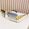 Vintage Rimless Cut Edge Sunglasses Metal Temples UV400 Cheetah Design Sunglasses Rectangle Sun Glasses for Women & Men