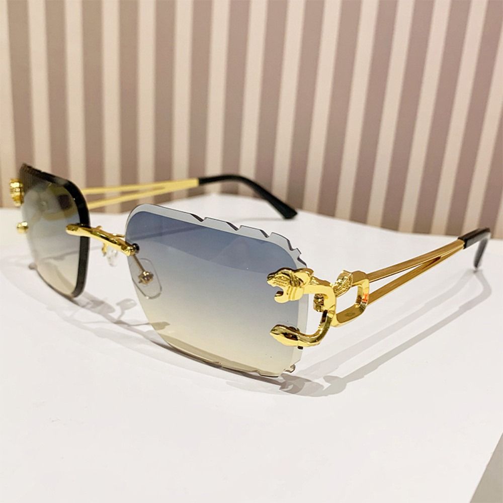Vintage Rimless Cut Edge Sunglasses Metal Temples UV400 Cheetah Design Sunglasses Rectangle Sun Glasses for Women & Men