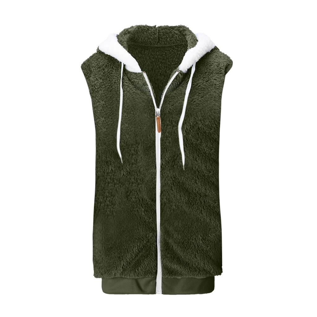 Women's Fashion Stitching Loose Hoodies Sleeveless Plush Zipper Coat
