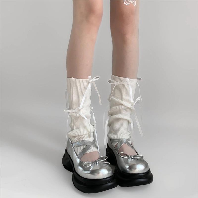 Милые носки-гольфы женские с бантом до середины икры Женские вязаные гетры до середины икры Серые махровые носки