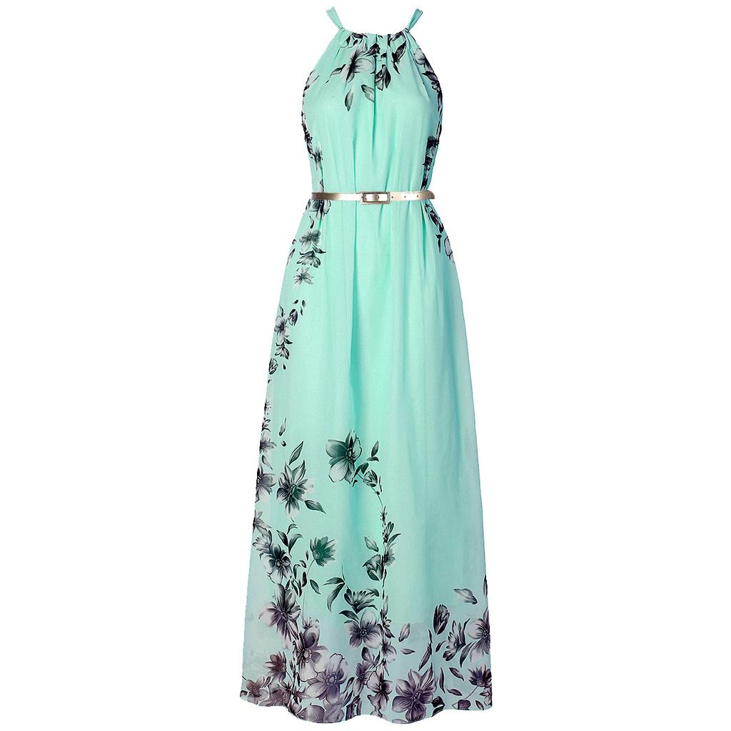 Floral Print Halter Chiffon Long Dress Women Dresses Sexy Casual Beach Dress