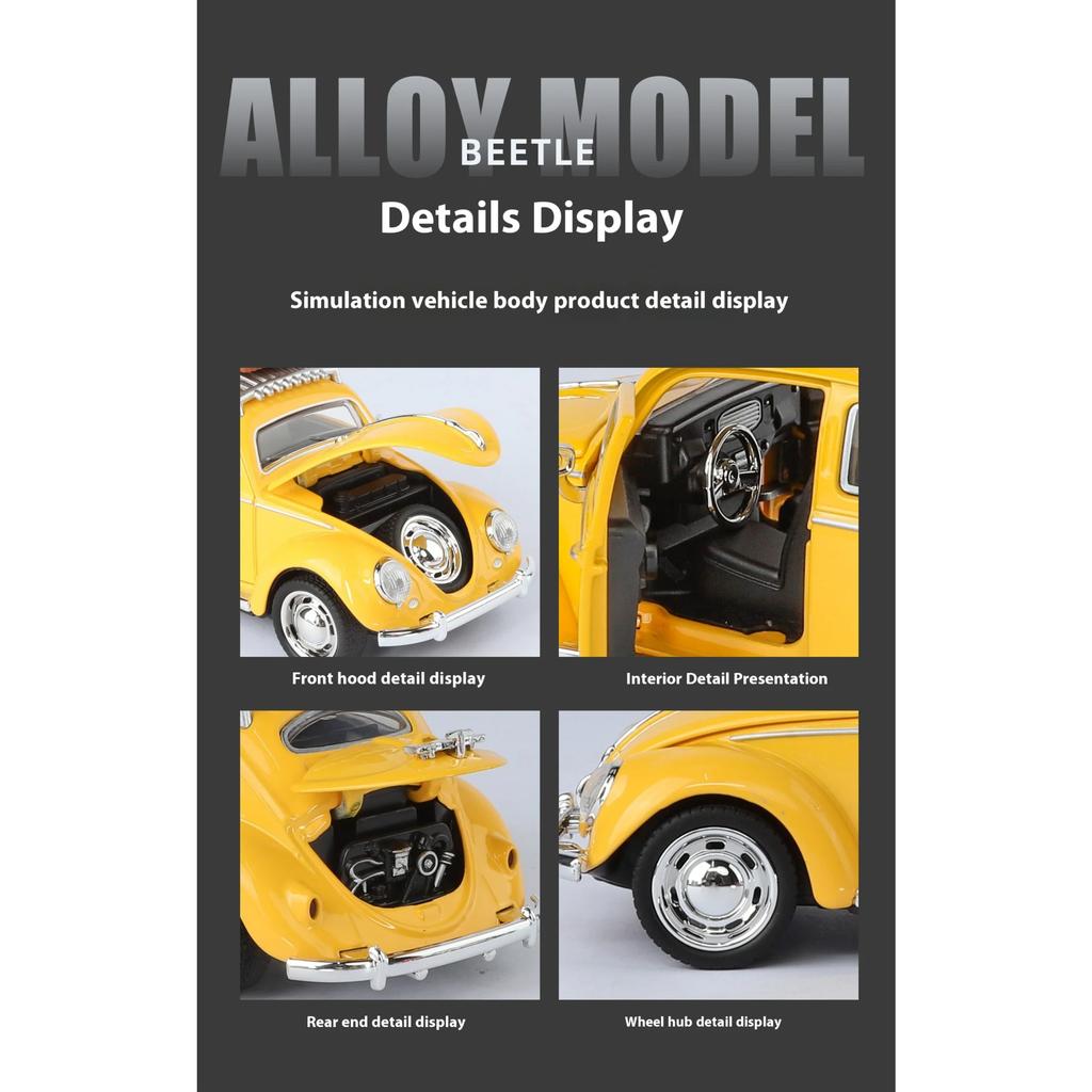 1/32 Volkswagen Beetle Alloy Die-cast Car Model Sound and Light Bring Back Pull Function Vehicle with Base Ornament Children's Gift