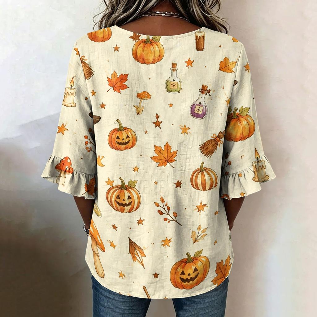 Women's Casual V-Neck Ruffle Sleeve Loose Fit Blouse with Halloween All-Over Print
