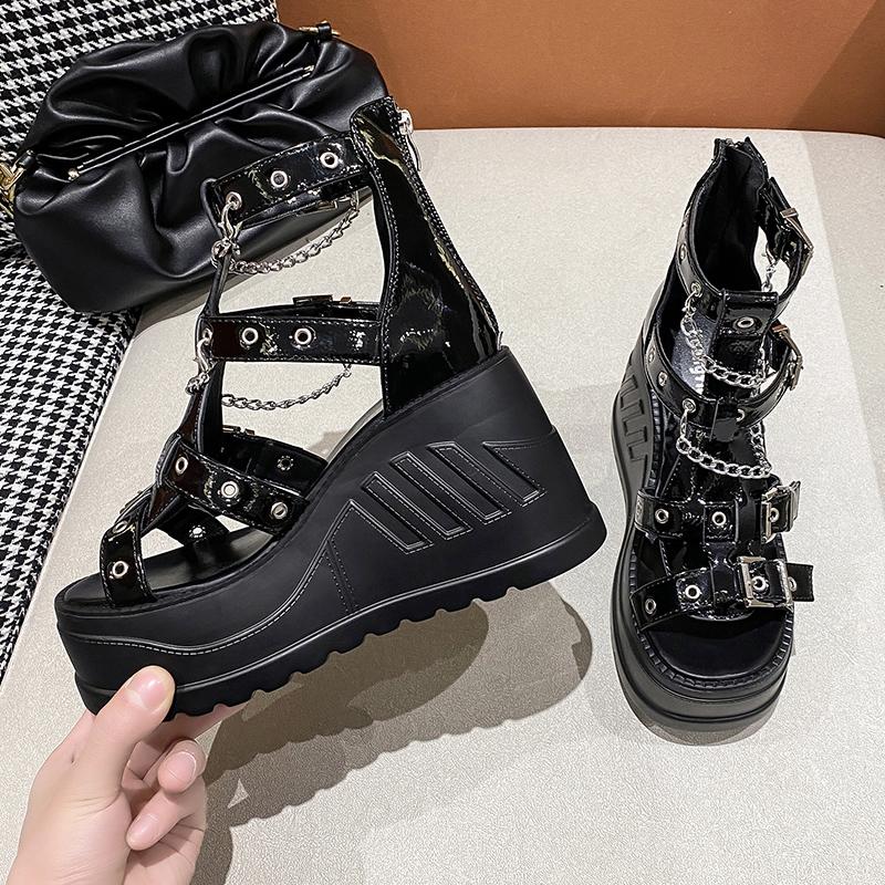 Мода 10 см Танкетки Высокие каблуки Увеличивающие рост Туфли с открытым носком Каблук Обувь Летние Готические Пряжка Платформа Сандалии Черные Женские Крутые Ботинки