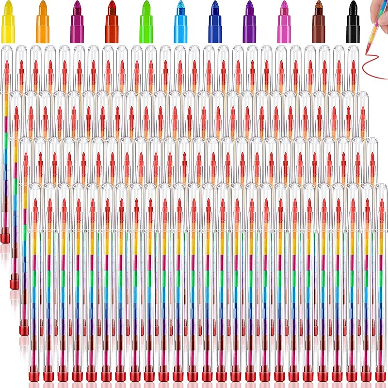 Teling 140 Pieces Stackable Crayons Pencils Party Favors for Kids Preschool 11 Interchangeable Colors Mini Rainbow Crayons Pens Bulk Colorful Stacker