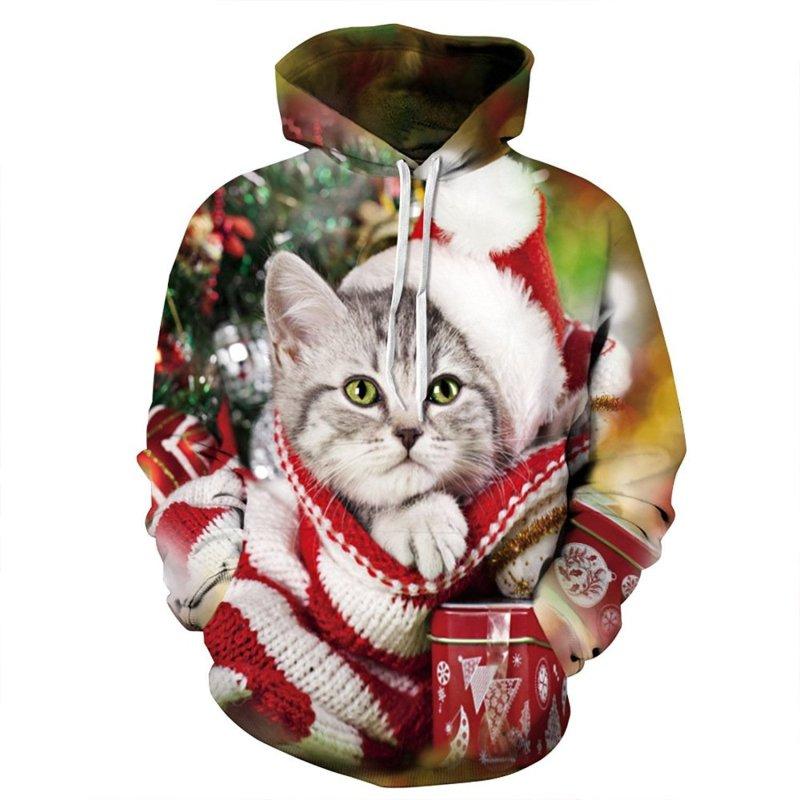 Men's and Women's Christmas Cat Hooded Sweatshirts, Fashionable Clothing, Fun Children's Animal Print Outerwear, Harajuku Large