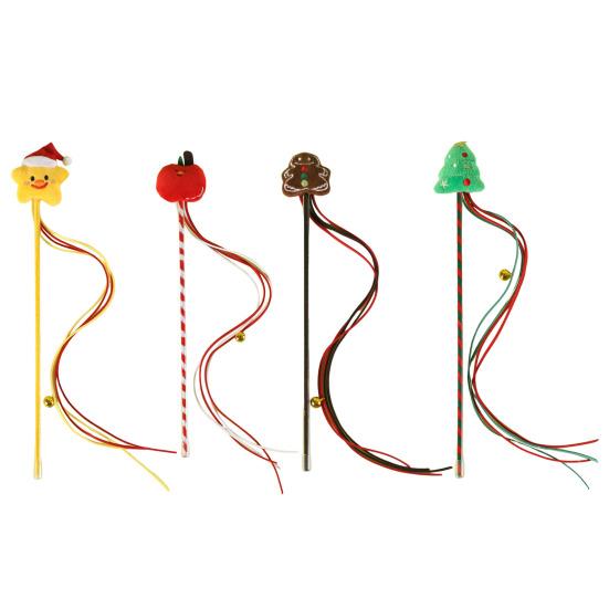 Christmas Cat Teaser Wand Interactive Toy Cartoon Apples Christmas Tree Star Gingerbread Man Plush Rod for Cats Safe Material Pet Supplies