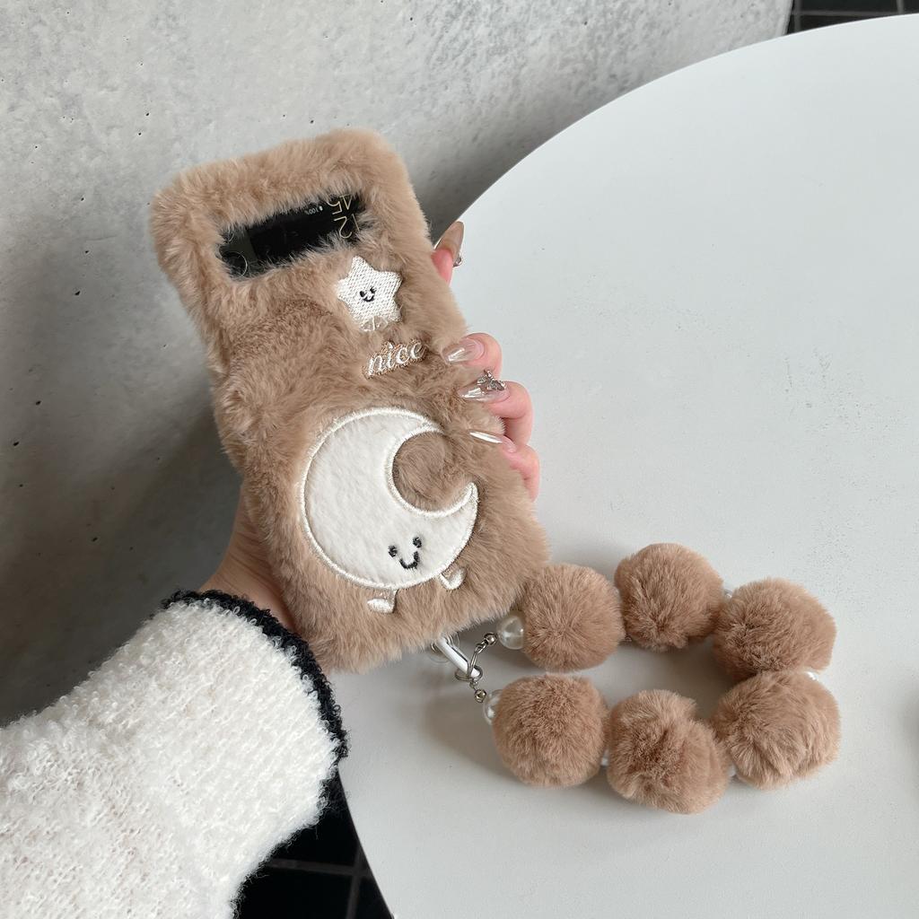 Милый вышитый складной плюшевый чехол для телефона со звездами и луной, с цепочкой, теплые аксессуары для телефона на осень-зиму для Galaxy Z Flip 3 4 5 6